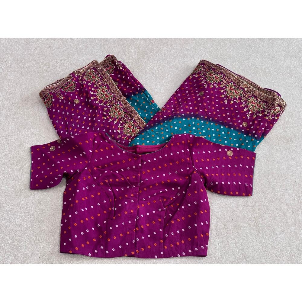 Magenta Purple Teal Georgette Bandhani Saree Sari W/ Stitched Blouse